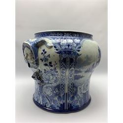 Large 20th century Delft blue and white jardinière, of baluster form with twin zoomorphic mask lug handles, decorated with hand painted panels of waterside scenes, within foliate surround, impressed and painted marks beneath for De Porceleyne Fles workshop, Delft, H35cm, rim D32