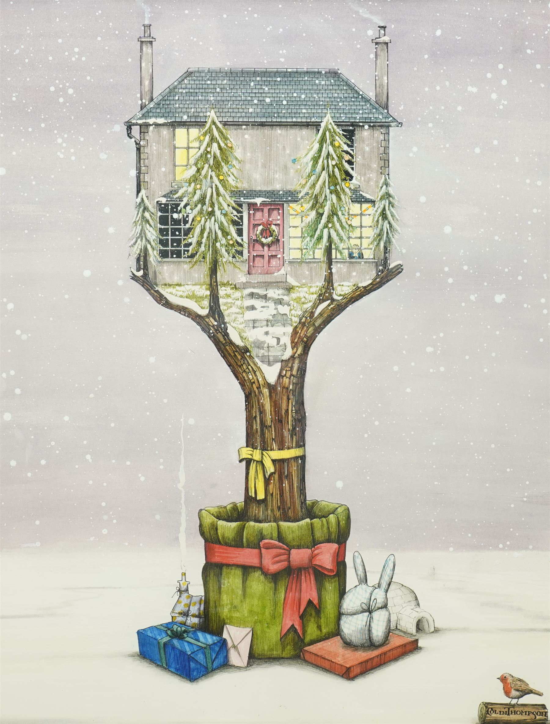 Colin Thompson (British/Australian 1942-): Home in Tree at Christmastime Illustration, ink and watercolour signed 40cm x 30cm Notes: Featured in Thompson's the 'Pictures of Home' book, commissioned by Leeds Permanent Building Society, page 18.