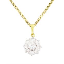 18ct white and yellow gold round brilliant cut diamond cluster pendant, on 9ct gold flatte...