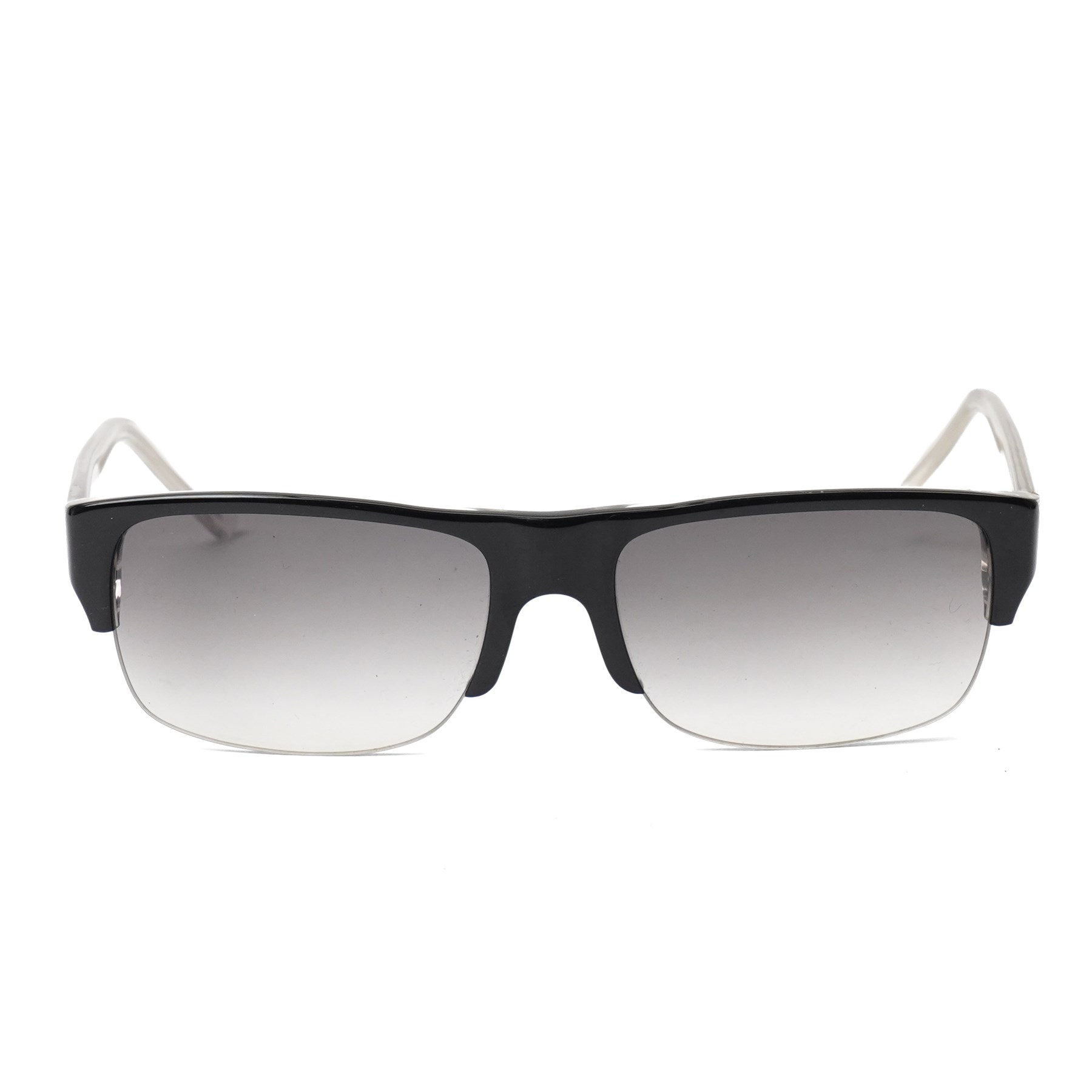 Prada - half-rim sunglasses with black acetate upper frame, clear acetate and silver-tone metal temples, graduated smoke lenses and PRADA lettering to the arms, in original hard case