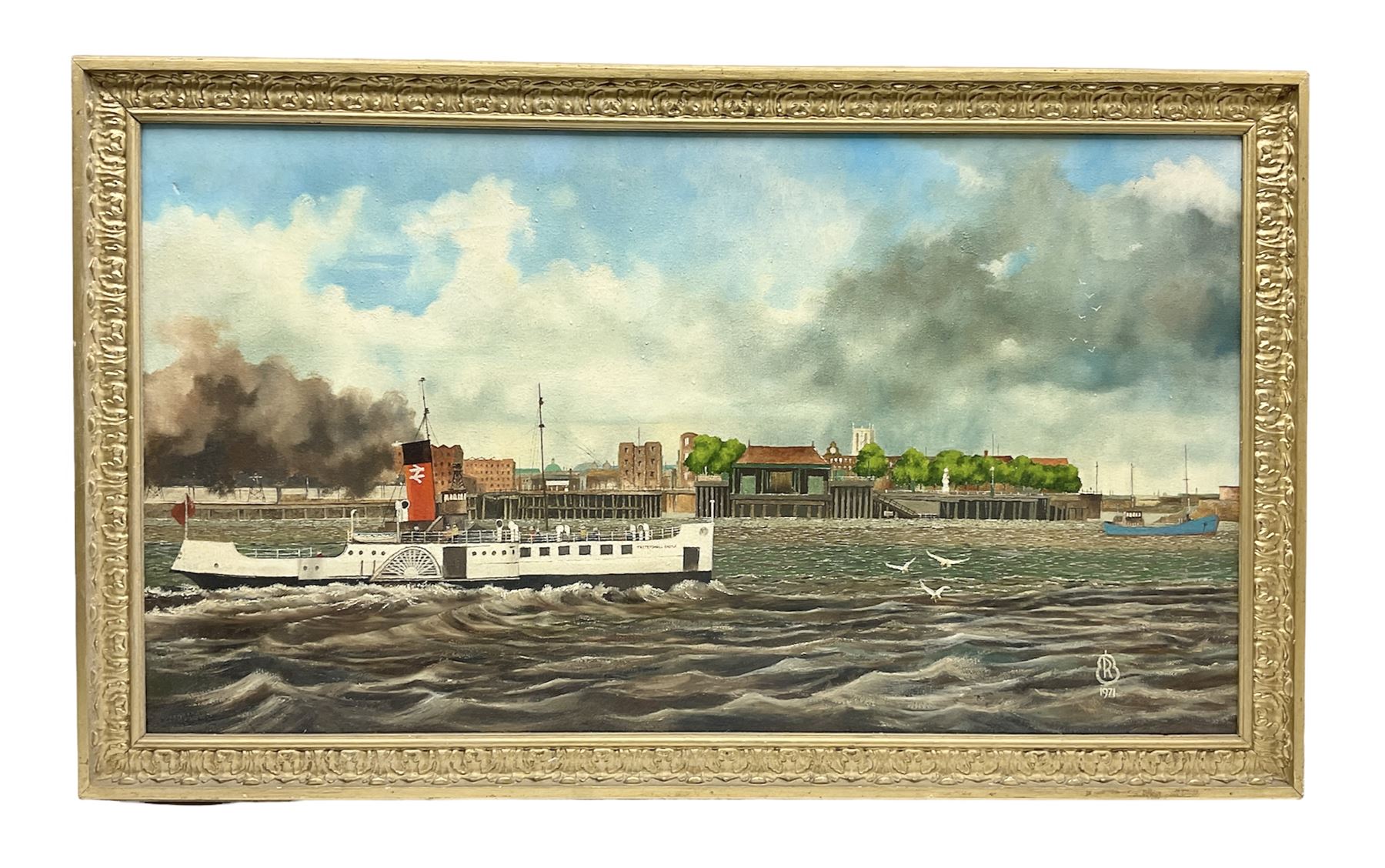 Richard Pearson (British 20th Century): Tattershall Castle Ferry on the Humber, oil on canvas signed with monogram dated 1971, 49cm x 88cm
