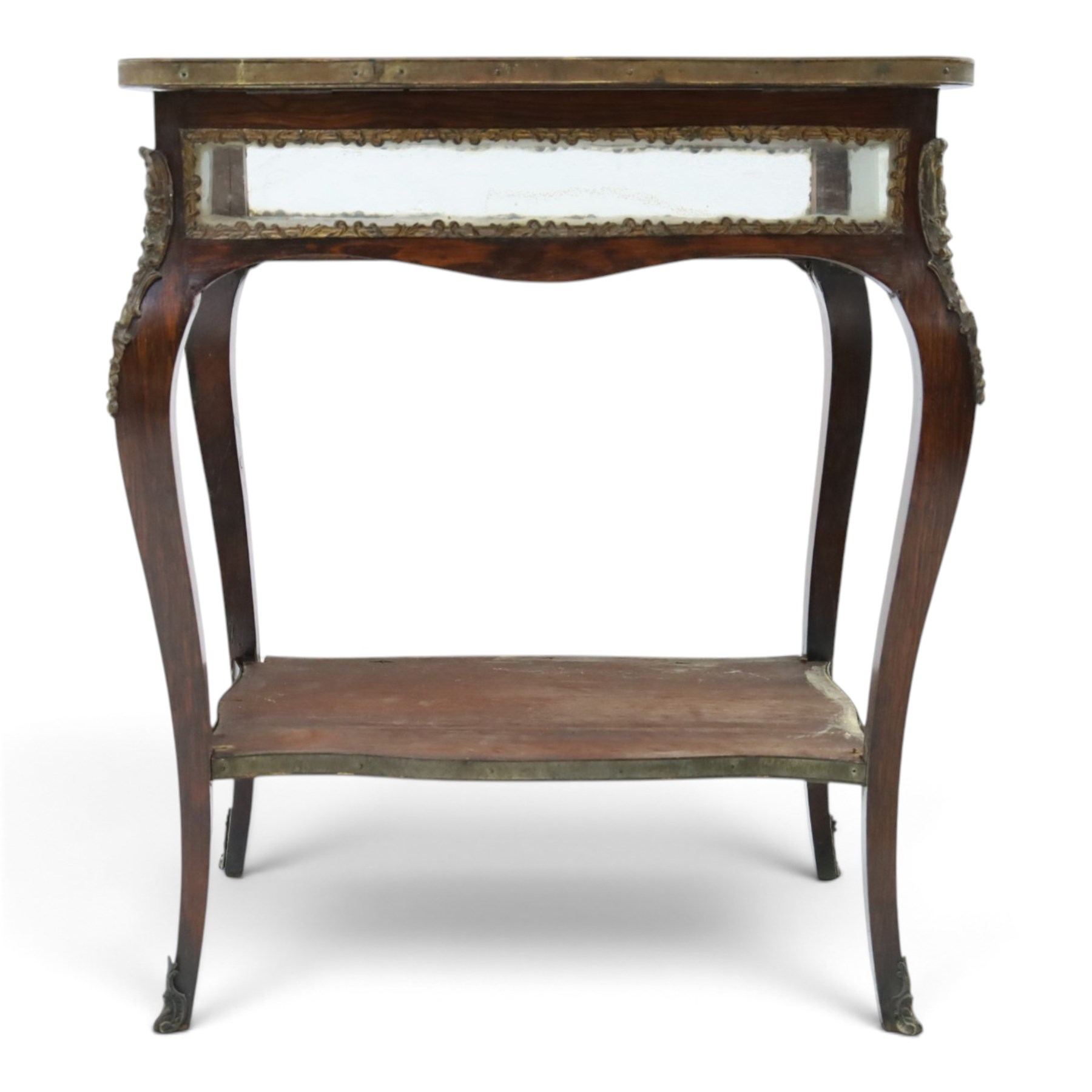 Louis XV style rosewood and marquetry bijouterie table,  glazed hinged top within a floral marquetry border and gilt metal moulded edge, above glazed sides and a baize lined interior, raised on cabriole legs with gilt metal mounts and sabots, united by an undertier