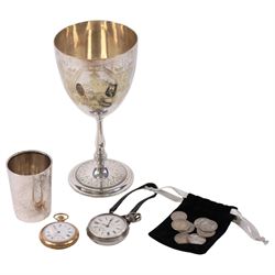 German silver beaker (800 standard), silver plated trophy cup, silver pocket watch, gold p...