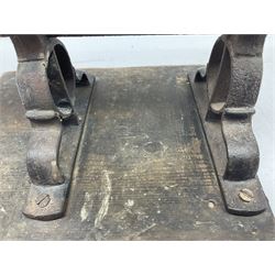 Victorian cuff and collar tabletop mangle, the ribbed brass rollers in a cast iron frame mounted on a wooden base