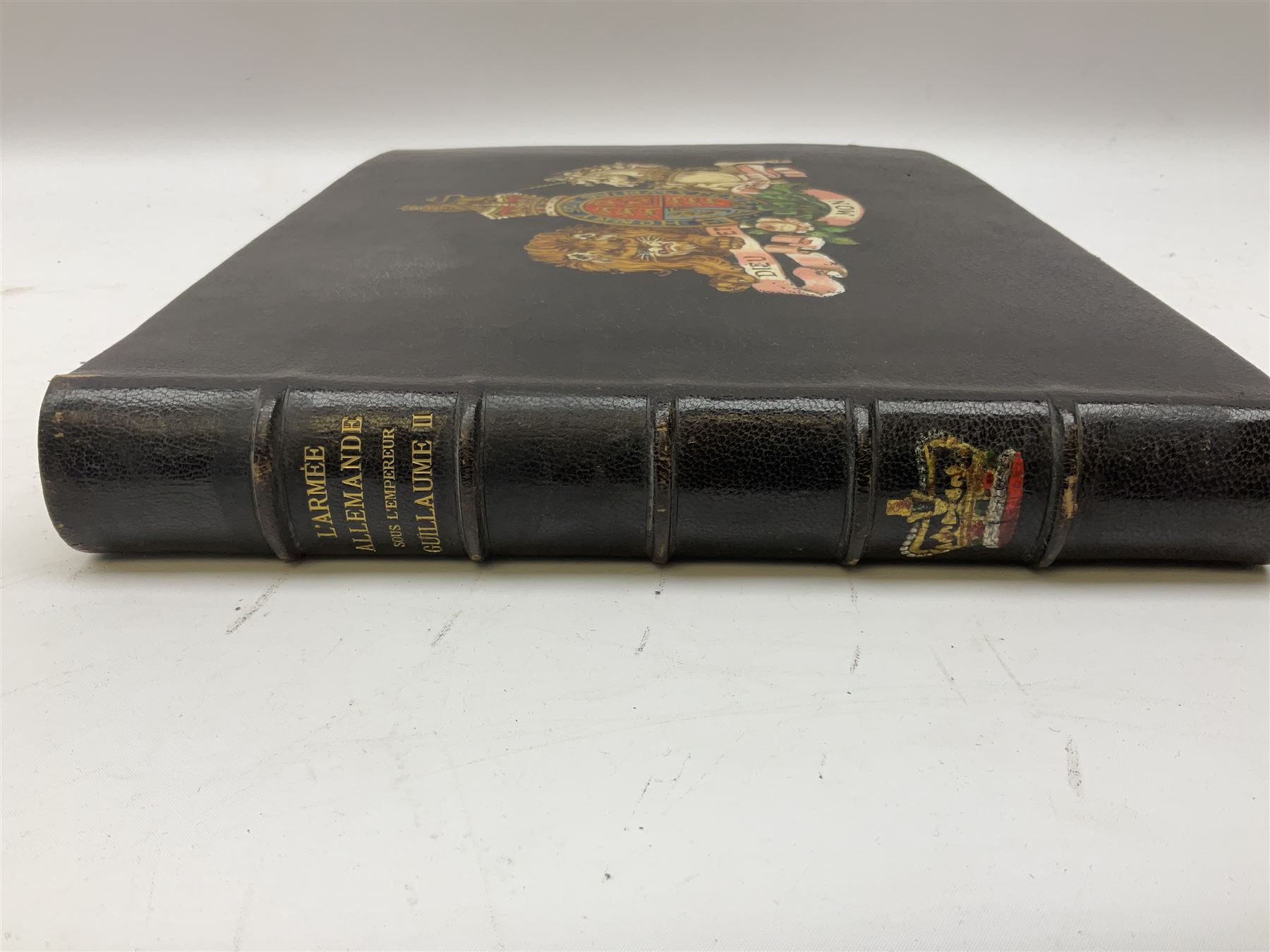 Balaschoff & Herbillon: L'Armee Allemande Sous L'Empereur Guillaume II. 1890 Paris. Forty-five laid-in chromolithograph plates together with numerous text illustrations. Oblong folio. Full moroccan leather and gilt binding with painted English Royal Crest to front cover and a.e.g.