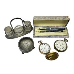 Conway Stewart fountain pen with 14ct gold nib and a Conway Stewart Nippy No.3 pencil, bpxed, together with a Waltham USA gold plated full hunter keyless wind pocket watch, a chronograph pocket watch, a silver plated condiment set and a cauldron salt 