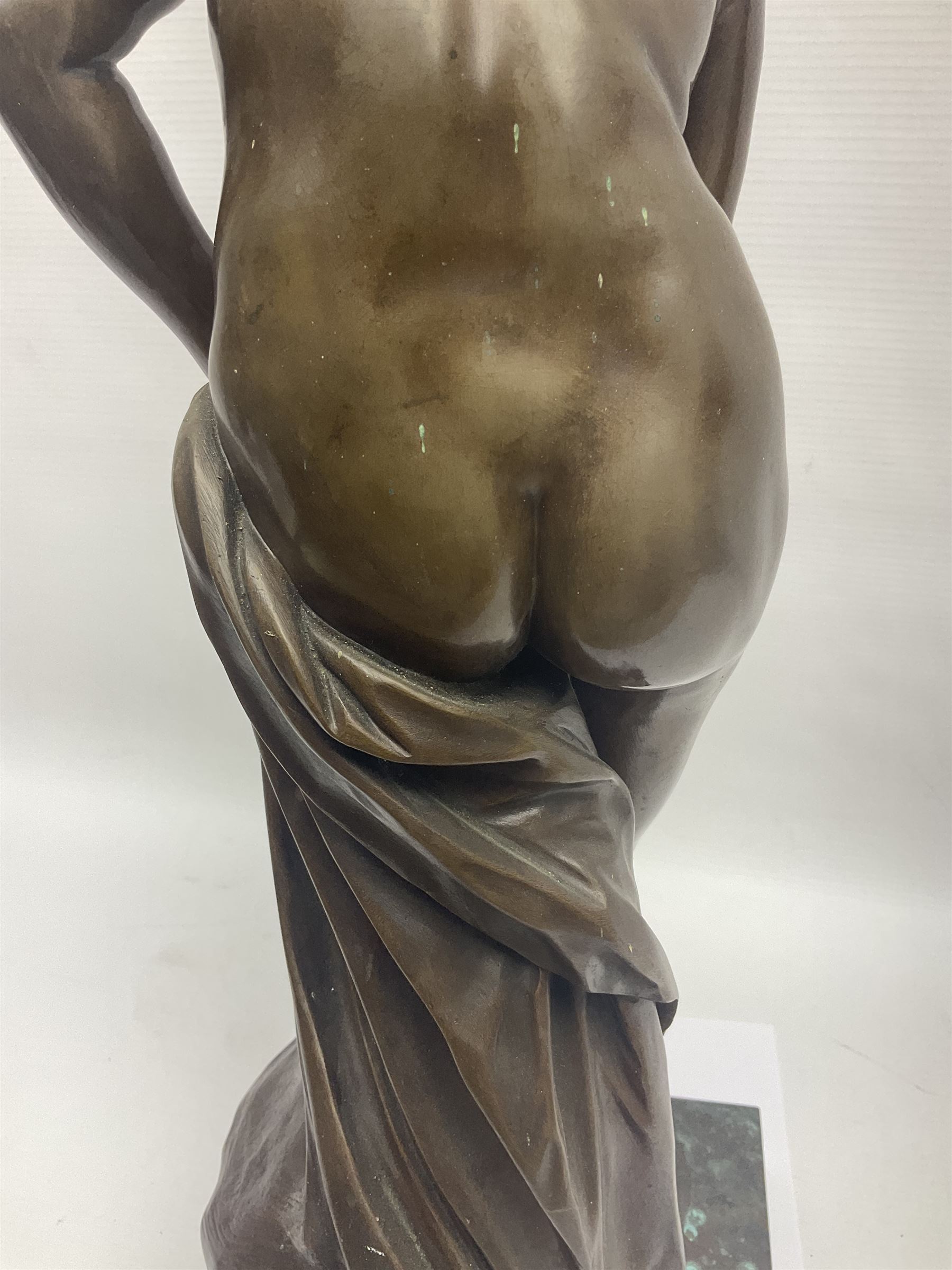 After Christopher Gabriel Allegrain (1710-1795),  Venus au bain, bronze, upon square plinth, Impressed F Barbedienne Fondeur, the base impressed C G Allegrain Fecit 1767, and bearing Barbedienne foundry seal, overall H51cm