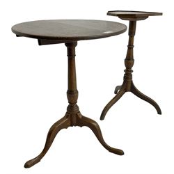 Early 19th century elm and oak tripod table, decagon oak top with raised edge, on turned column with three splayed supports (H74cm); and an early 19th century elm and oak tripod table, circular oak tilt top on turned column with three splayed supports (H70cm) 