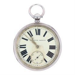 Silver improved patent open faced pocket watch, together with a plated Helvetia military issue pocket watch with broad arrow verso and two silver fob watches
