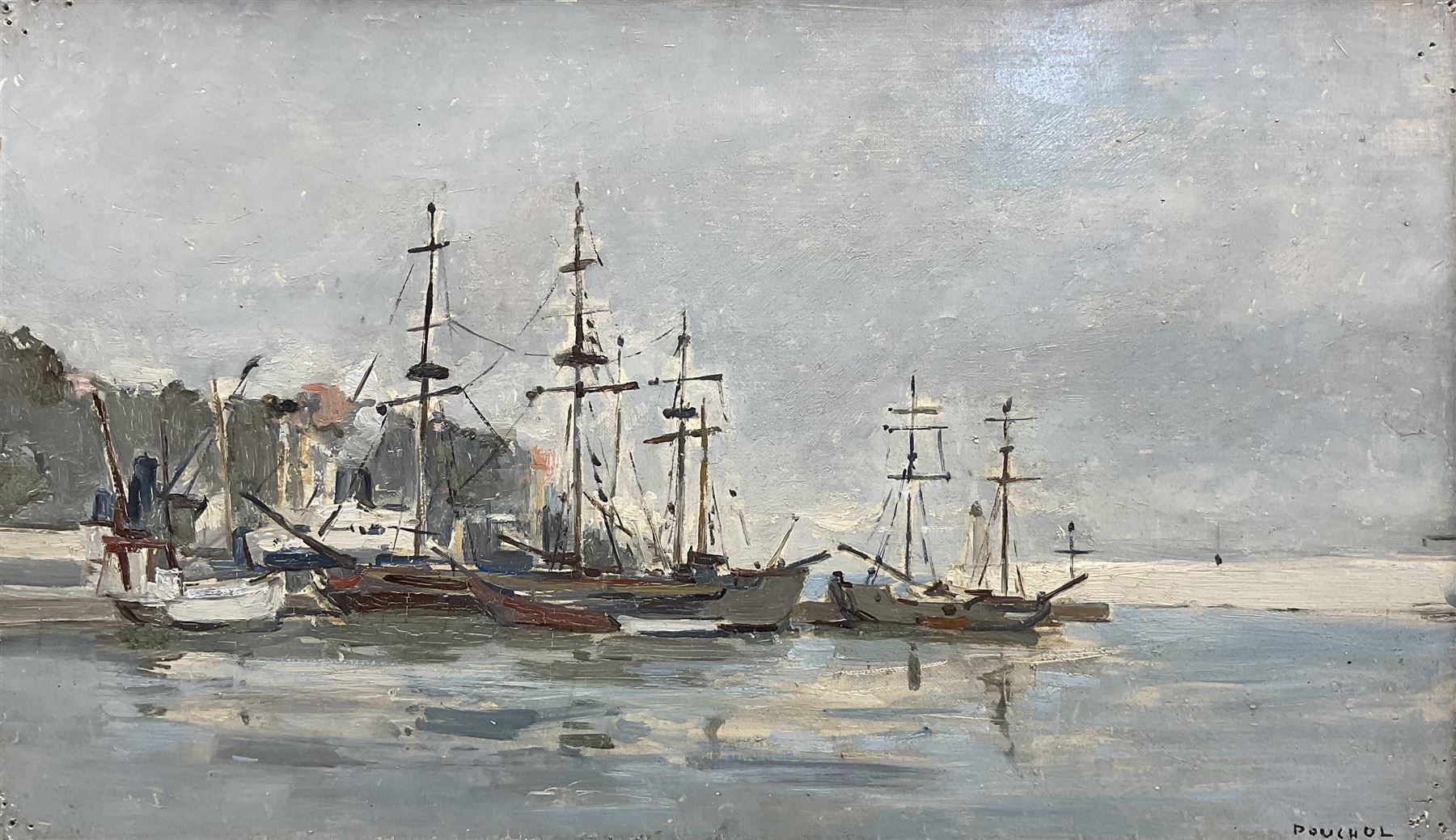 Paul Pouchol (French 1903-1964): 'Les Bateaux du Cinema', oil on canvas signed, titled on labels verso 23cm x 40cm 