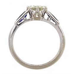 White gold round brilliant cut diamond ring, with milgrain set vari cut sapphire shoulders, stamped 18ct Plat, diamond approx 0.80 carat