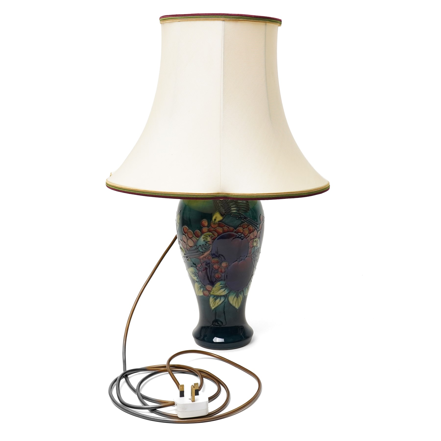 Moorcroft Finches and Berries pattern table lamp and shade, including shade H59cm  