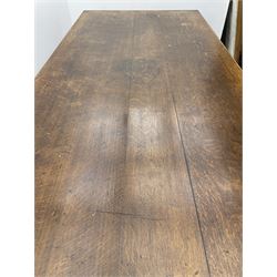 Large early 20th century oak boardroom table, rectangular moulded top on six turned and faceted supports 