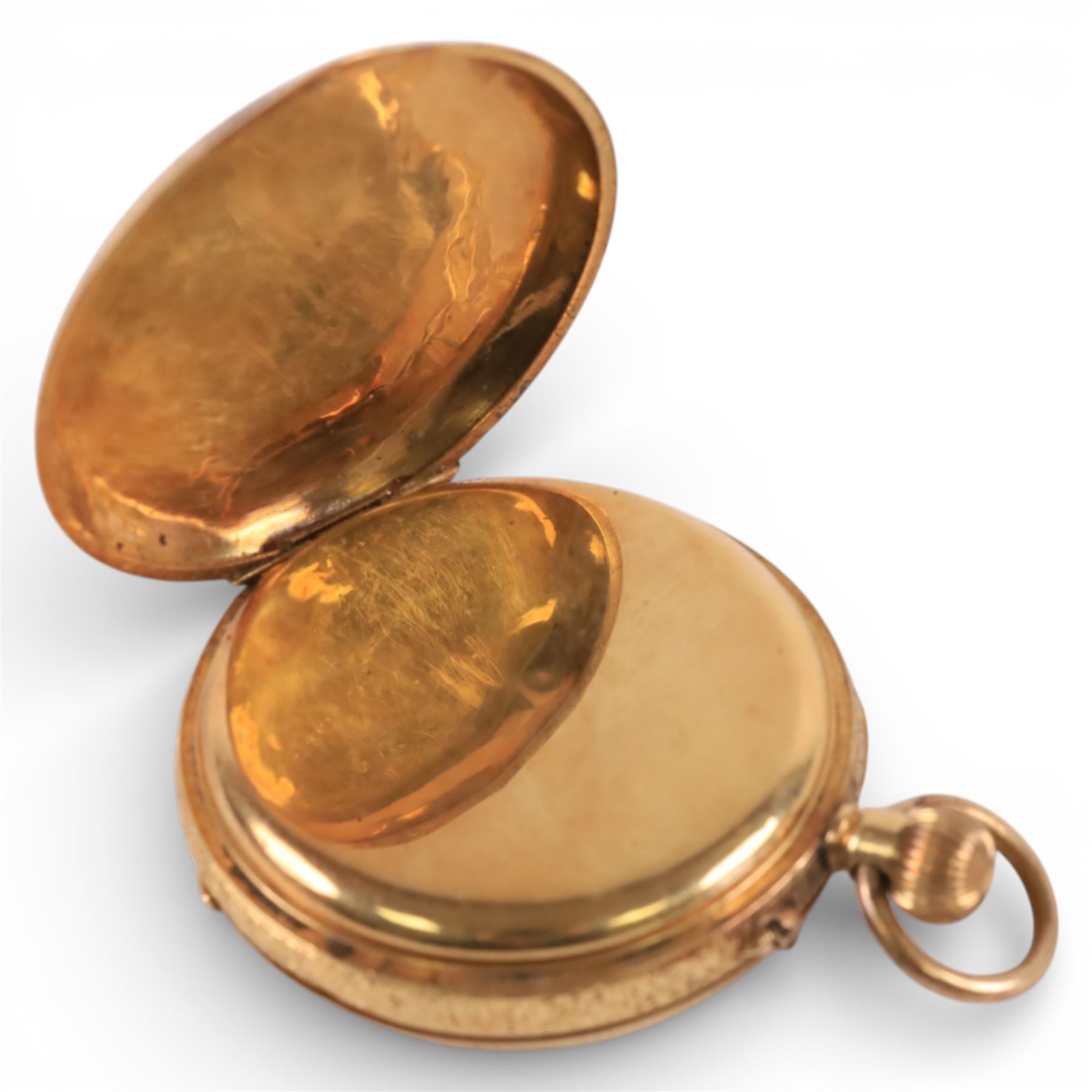 
Early 20th century 18ct gold open face keyless cylinder pocket watch, white enamel dial with Roman numeral hour markers, engraved foliate case, stamped 18K with Helvetia hallmark