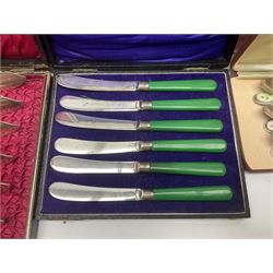 Cased canteen of silver plate cutlery, for place six settings, together with a collection of silver plate and other metal ware including set of silver plate fish eaters, with hallmarked silver ferules, in fitted case, pewter tyg, tankards, sauce boats, hot water pot etc, in two boxes 