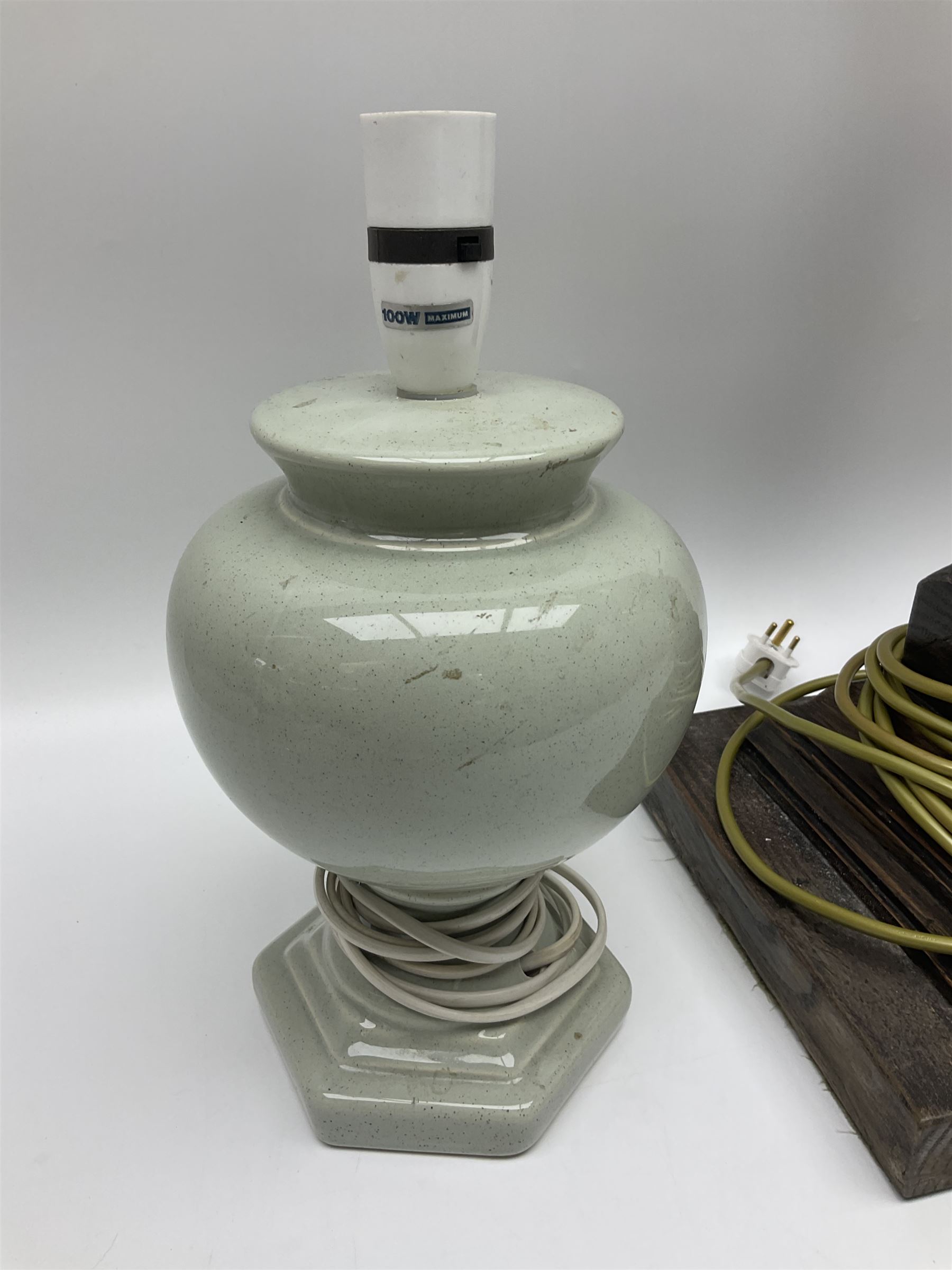 19th century oak barley twist table lamp, together with three other table lamps, including off white painted foliate example, tallest H86cm