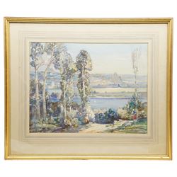 Tom Anderton (British 1894-1956): Shepherd and Sheep on the Riverbank, watercolour signed 43cm x 57cm