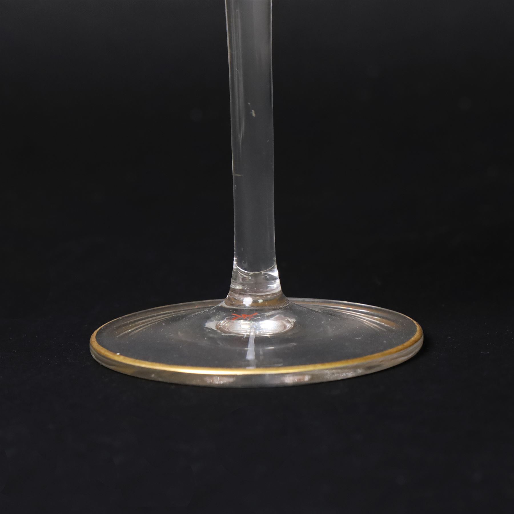 Pair of early 20th century Theresienthal Art Nouveau hand painted glass champagne coupes, the bowls hand painted with flowers, the bowl and foot rims lined in gilt, H13.5cm