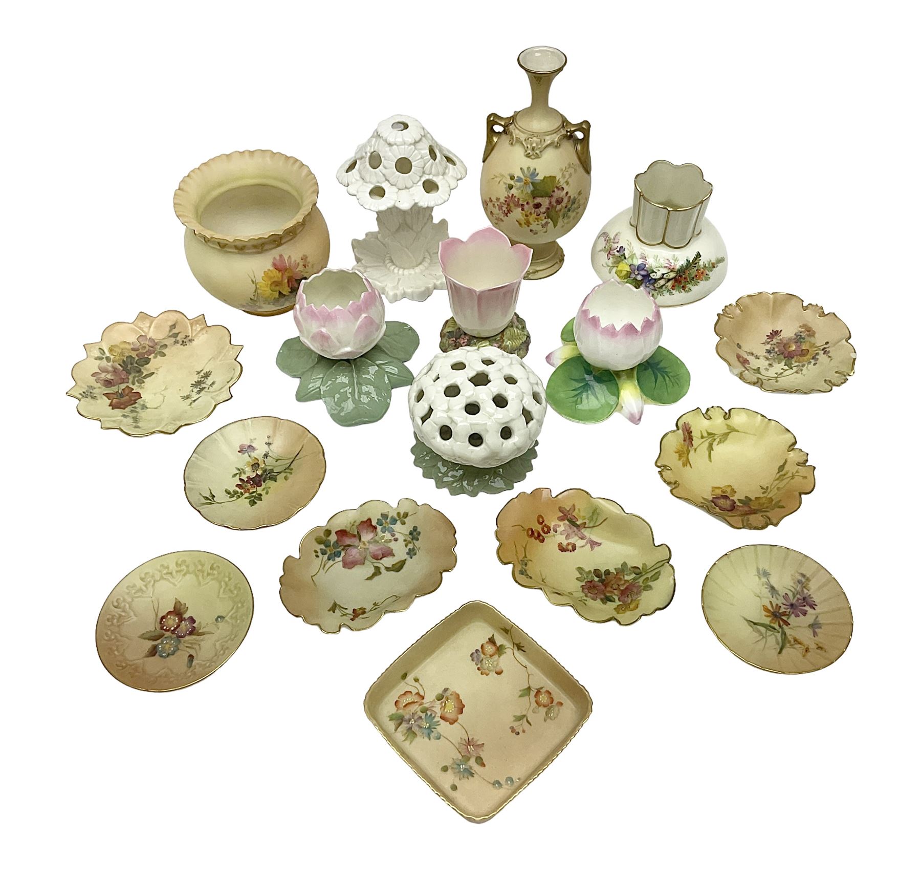 Collection of Royal Worcester and similar ceramics, including blush ivory trinket dishes, vases etc 