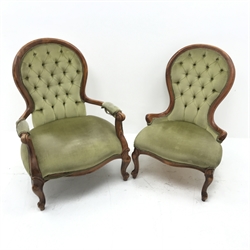 Victorian walnut framed ladies and gents armchairs, upholstered in a deep buttoned lime fabric, cabriole feet, W67cm