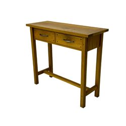 Laura Ashley - contemporary Milton oak console table, rectangular top over two drawers with pewter effect bow handles, on square legs supported by stretcher 