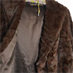 Mink coat, 1970s lamb fur trimmed coat, suede coat and Tom Bawker cream coat, and two pairs of ladies shoes approx size 8 (6)