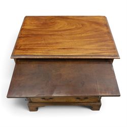 George III mahogany bachelors chest, rectangular top with moulded edge, fitted with brushing slide over two short and three long cock-beaded drawers with brass swan-neck handles, lower moulded edge on bracket feet