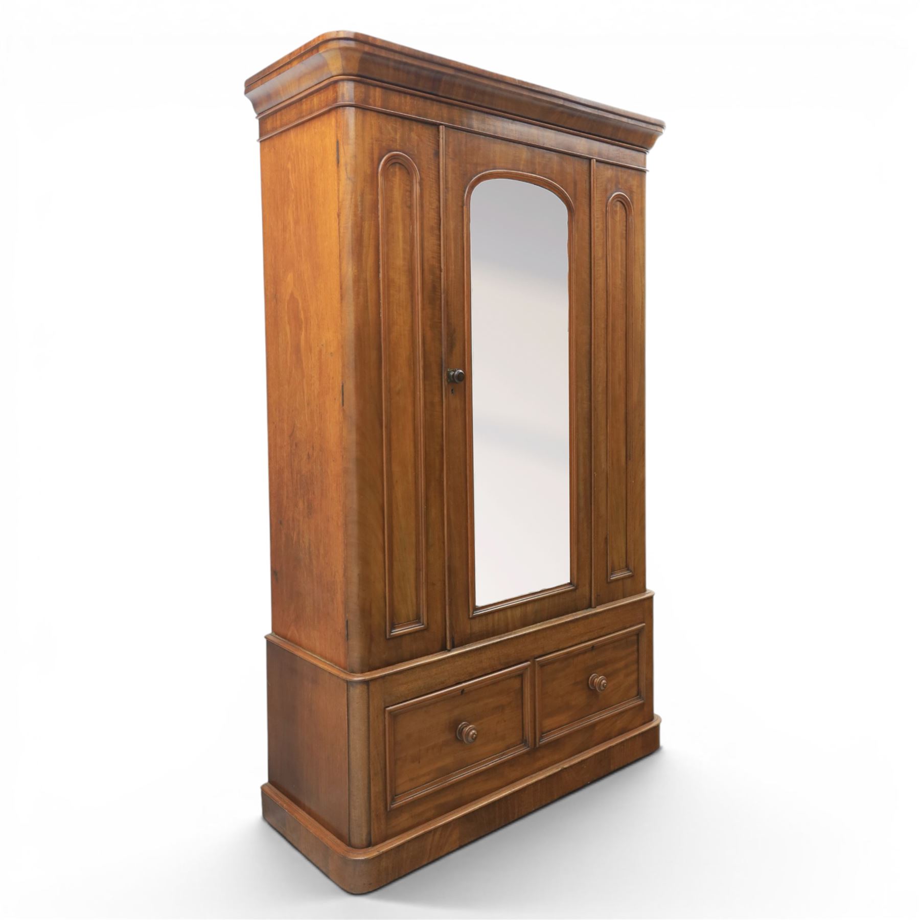 Victorian mahogany wardrobe, enclosed by single mirror door, two drawers to base
