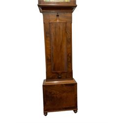 John Cameron & Son of Kilmarnock - late 19th century mahogany longcase clock c1870, with a flat topped pediment and blind frieze beneath, rectangular break arch hood door and sound frets to the hood sides, trunk with canted corners and a convex door with cushion mouldings, on a square plinth raised on turned bun feet, painted dial with a depiction of the abdication of Mary Queen of Scots to the arch and the four regions of the united Kingdom to the spandrels, with Roman numerals, minute track, date and seconds dials and stamped brass hands, dial pinned to a rack striking movement, striking the hours on a bell. With weights and pendulum. 