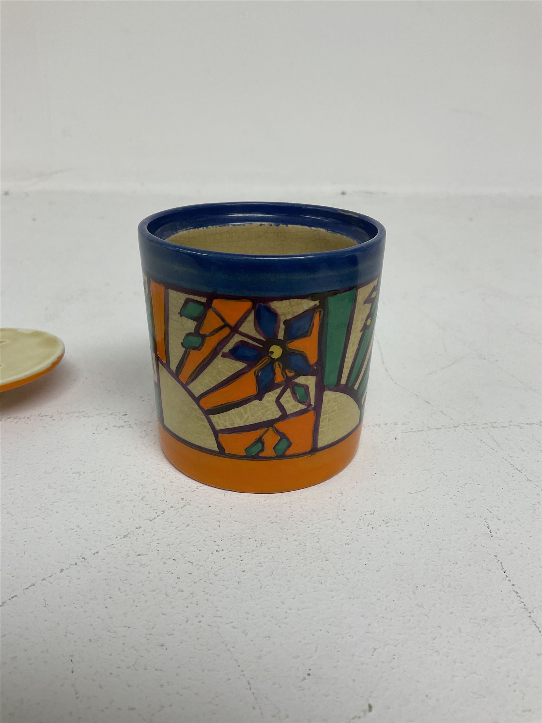 Clarice Cliff Fantasque for Wilkinson Pottery preserve pot, circa 1928, of drum form decorated in Sunray Leaves pattern, H8cm