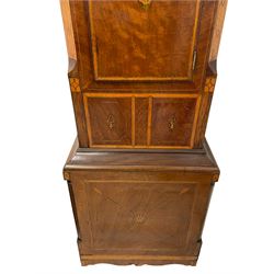 John Stonehouse of Leeds - mahogany 8-day longcase clock with a painted oval dial c1830, hood with a swans necked pediment and profuse contrasting inlay to both the hood and case, oval hood door with flanking pilasters and Corinthian capitals, conforming case with canted corners and short triple spire door, broad plinth with matching inlay and canted corners on shallow base, dial depicting masonic regalia, symbols, and pictorial depictions of the humanities, faith, hope, charity and righteousness, black chapter with white roman Arabic’s, date recorder and matching “crown” hands, dial pinned to a rack striking movement with a recoil anchor escapement, striking the hours on a coiled underslung gong. With weights and gridiron pendulum. 
This clock case is of large, impressive dimensions and was almost certainly commissioned for a large masonic lodge in Leeds, a rare and unique example.