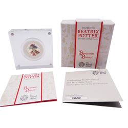 Three The Royal Mint United Kingdom Beatrix Potter silver proof fifty pence coins, 'Benjamin Bunny', 'Mrs Tittlemouse' and 'Peter Rabbit' all cased with certificates
