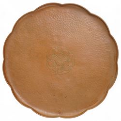 Newlyn style planished copper circular tray with a central panel of a Yorkshire Rose D58cm