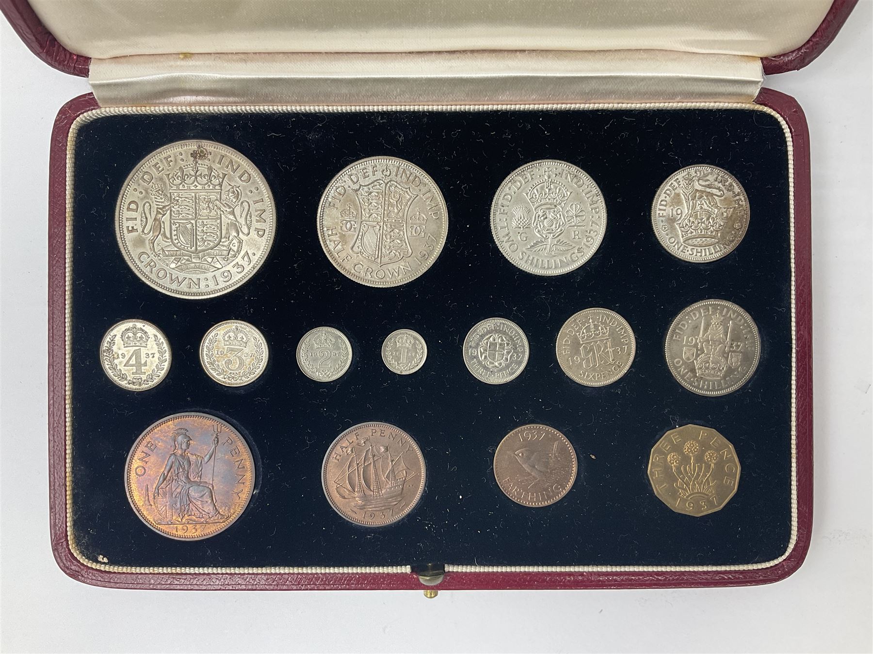 King George VI 1937 fifteen coin specimen set, housed in the official The Royal Mint maroon and gilt case