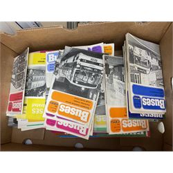 Collection of bus related magazines dating from the 1960s and later, to include Buses Illustrated Magazine, by Ian Allen, Bus & Coach Preservation magazine, 1960s and later bus timetables, quantity of blankets, classic trams, buses, coaches VHS tapes etc in seven boxes