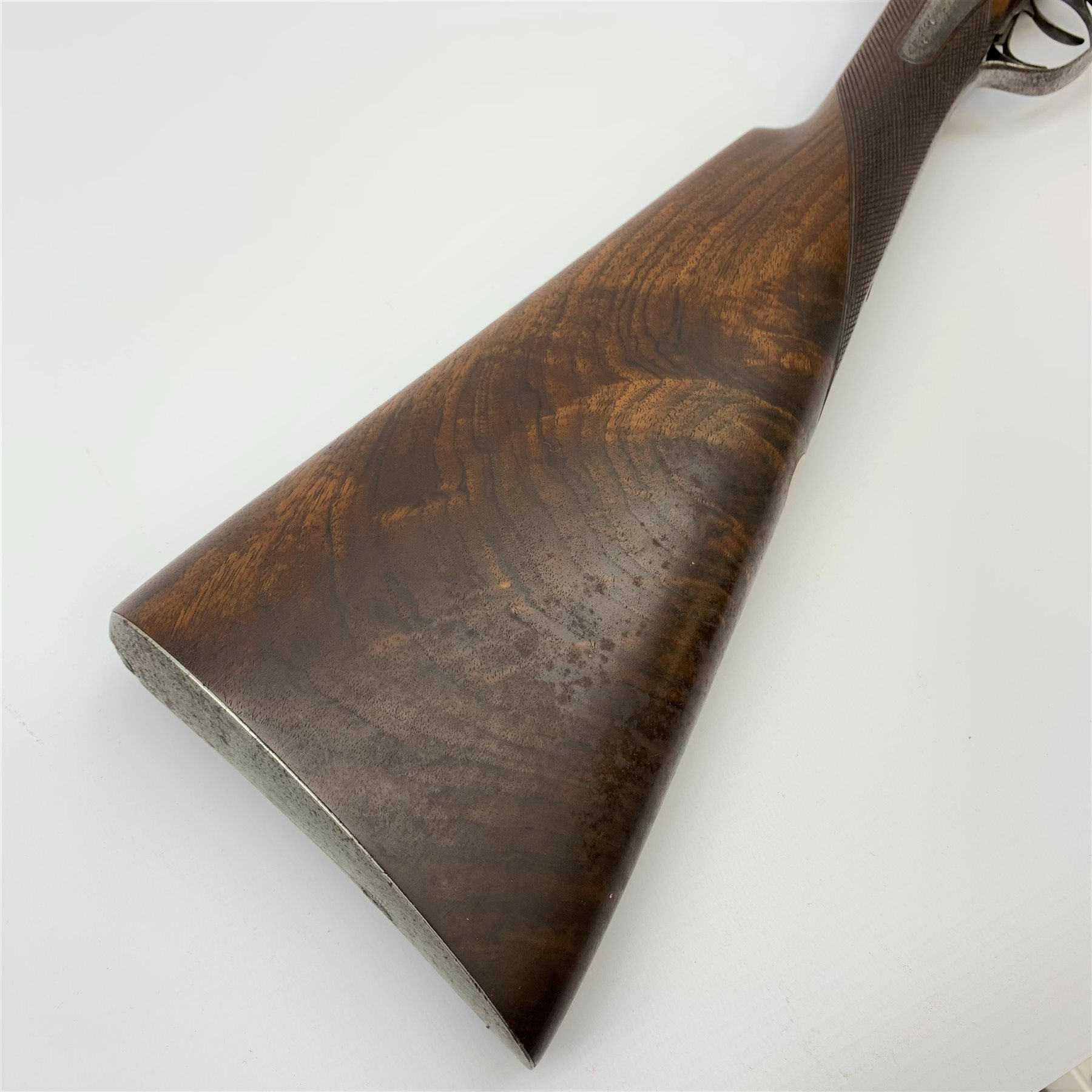 19th century J. Morrell of London 12-bore side-by-side double barrel hammer shotgun with Purdy thumbhole lever opening and back action lock, walnut stock and 76cm damascus barrels, No.1868, L119cm overall SHOTGUN CERTIFICATE REQUIRED