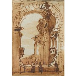 Victor Jean Nicolle (French 1754-1826): Italianate Capriccio View through a Classical Arch, sepia watercolour attributed on the mount 9cm x 6cm