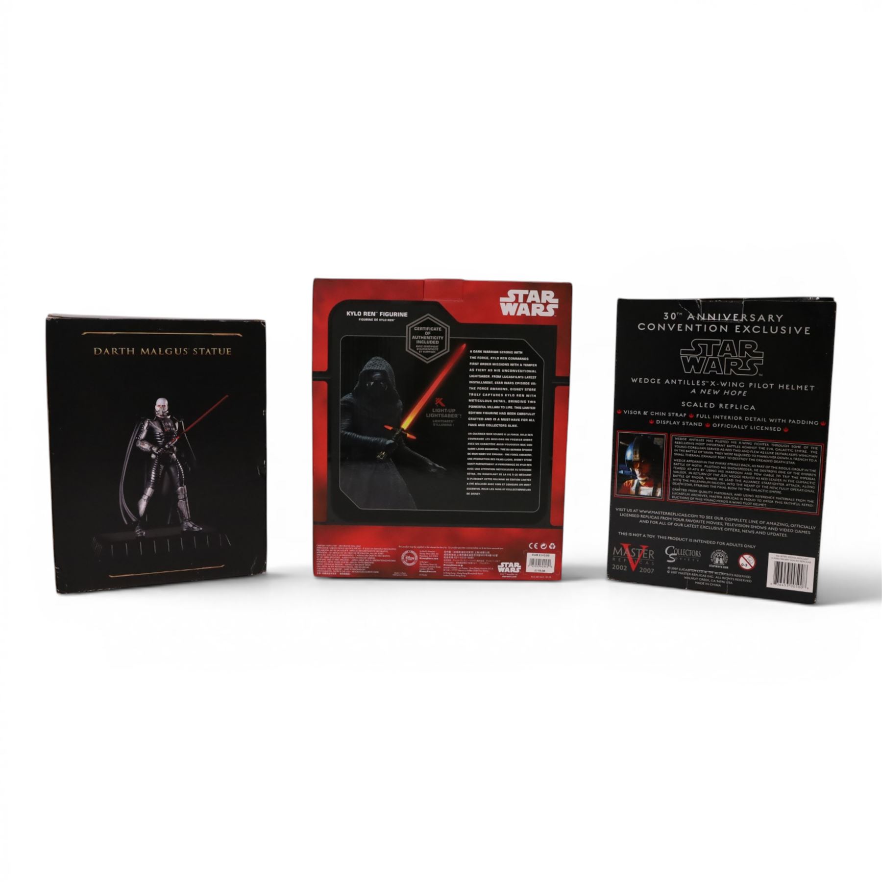 Three Star Wars models, comprising Master Replicas A New Hope Wedge Antilles X-Wing Pilot Helmet scale replica, Gentle Giant Darth Malgus Statue and a Disney Store limited edition Kylo Ren figurine, all boxed 