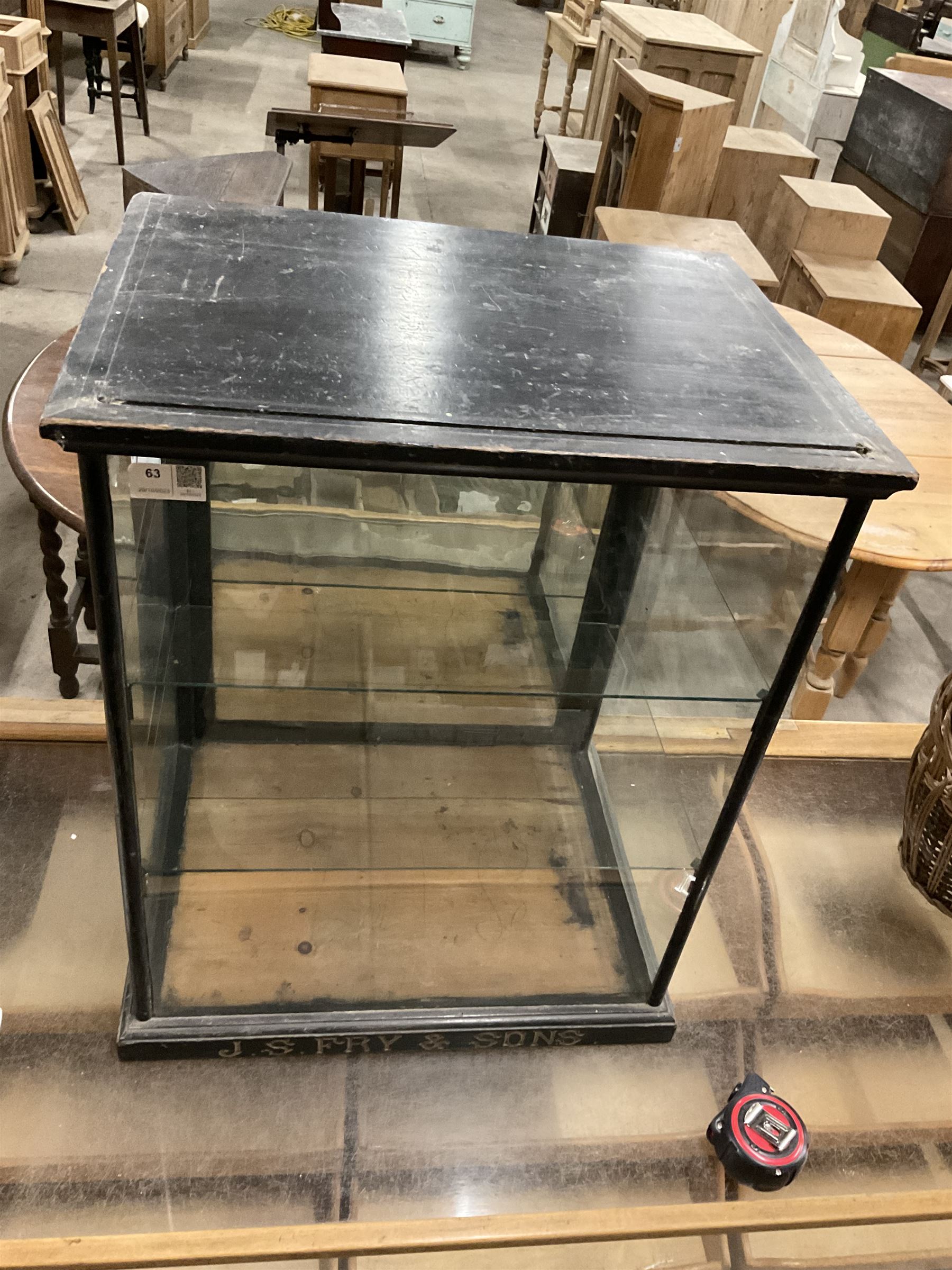 J S Fry & Sons - Victorian glazed and ebonised chocolate countertop display cabinet, fitted with single mirror back door to the rear enclosing two glass shelves, engraved gilt typeface to base - THIS LOT IS TO BE COLLECTED BY APPOINTMENT FROM THE OLD BUFFER DEPOT, MELBOURNE PLACE, SOWERBY, THIRSK, YO7 1QY