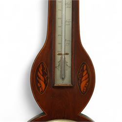 Comoli & Nolli of Edinburgh-early 19th century Sheraton mercury barometer c1820, with a broken arch pediment, brass finial and round base, mahogany case with stringing to the edge, oval conche and round petal inlay, with a boxed surface mounted mercury thermometer and silvered 8