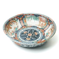Large Japanese Meiji period imari bowl, decorated with panels of birds and landscapes, wit...