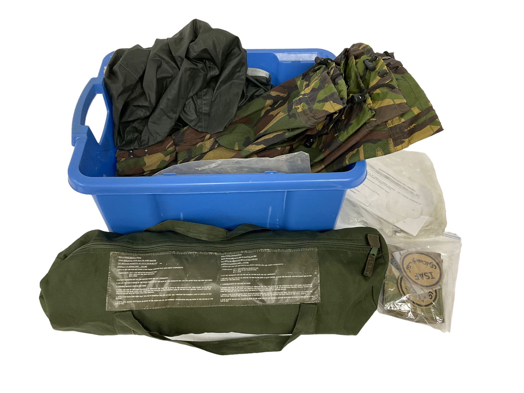Quantity of modern British army surplus equipment and clothing, to include ISAF Afghanistan patches, British Army Issue mosquito net etc