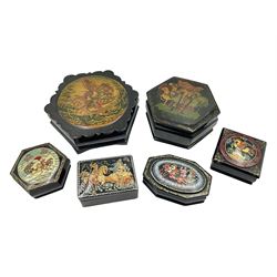 Six 20th century Russian black lacquered papier Mache boxes, all decorated with horses, largest D13cm