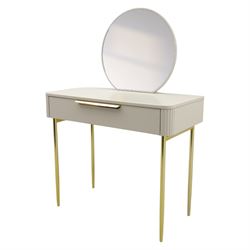 Made.com - Ebbo grey dressing table with mirror, single drawer with gold painted metal shaped handles, rounded corners with fluted detail, raised on gold painted metal tapered supports (Height from floor to underside 62cm)