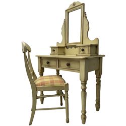 Painted dressing table, raised swing mirror over small trinket drawers, the table fitted with two drawers, on turned supports; matching chair with upholstered drop-in seat