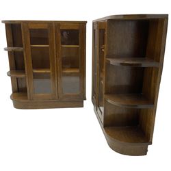 Pair of mid-20th century oak bookcases, rectangular form with curved ends, enclosed by glazed doors and fitted with shelves