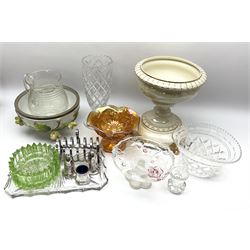 Assorted ceramics and glass, to include Fielding's Devon Ware pedestal bowl and stand, silver plated seven bar toast rack, silver plated cruet set, Carnival glass pedestal bowl, various cut glass, etc., in one box 