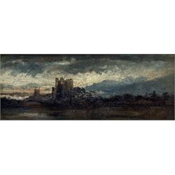 English School (Early 19th century): River Landscape at Sunset, oil on panel unsigned, Christies stencil number verso 10cm x 26cm