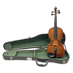 French three-quarter size violin c1920 with 34cm two-piece maple back and ribs and spruce top, bears label 'Nelson DeMille Ruckkehr nach Spencerville Roman. 542 Seiten' L56.5cm; in carrying case
