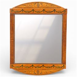 19th century satinwood wall mirror, the rectangular plate within a painted frame decorated...